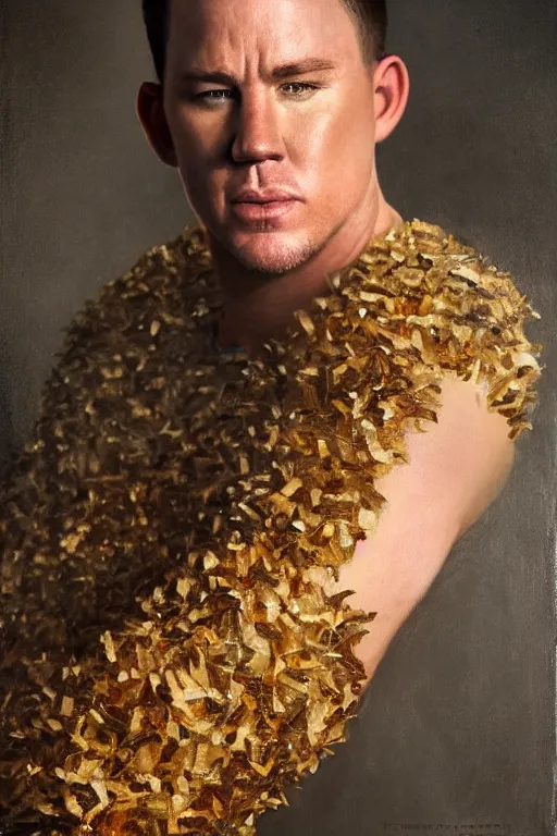 Image similar to channing tatum in a tater tot costume, oil on canvas, intricate, portrait, 8 k highly professionally detailed, hdr, cgsociety