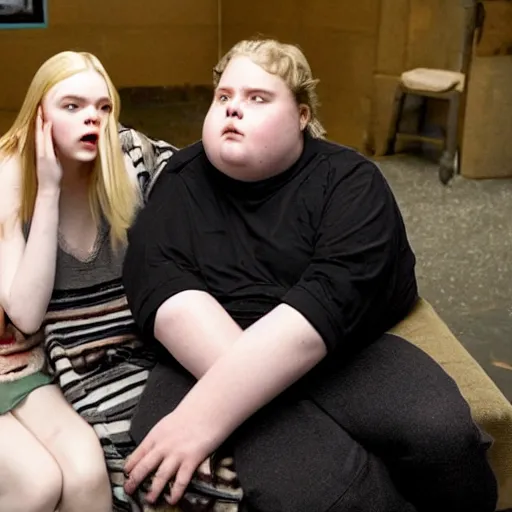 Image similar to photo of Elle fanning extremely obese, disgusting expression, sitting in her own filth, while sad obsessed fan looks on disappointed