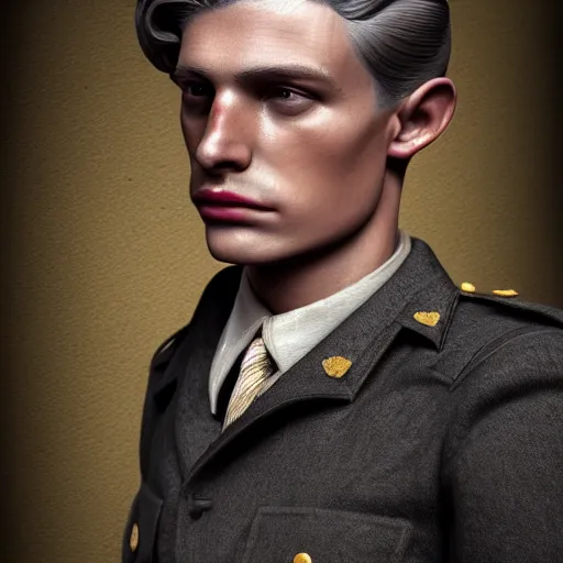 Image similar to A Hearts of Iron IV portrait of a blond young Spanish actor with high cheekbones. Good bone structure. Dressed in 1940s style. Highly detailed, fine Art, high detail, great lighting, 8k resolution, masterpiece, concept art, illustration, clear eyes, painting oil on canvas, octane render, HDR, trending on artstation, 4k, 8k, HD