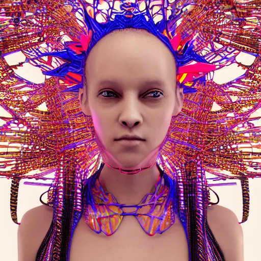 Image similar to swimming deeper into the multiverse, maze of modular synth cables mixed with mangrove roots, kawaii puerto rican goddess chilling out wearing a headpiece made of circuit boards designed by isabel marant, by cameron gray, wlop, stanley kubrick, masamune, hideki anno, jamie hewlett, unique perspective, trending on artstation, 3 d render, vivid