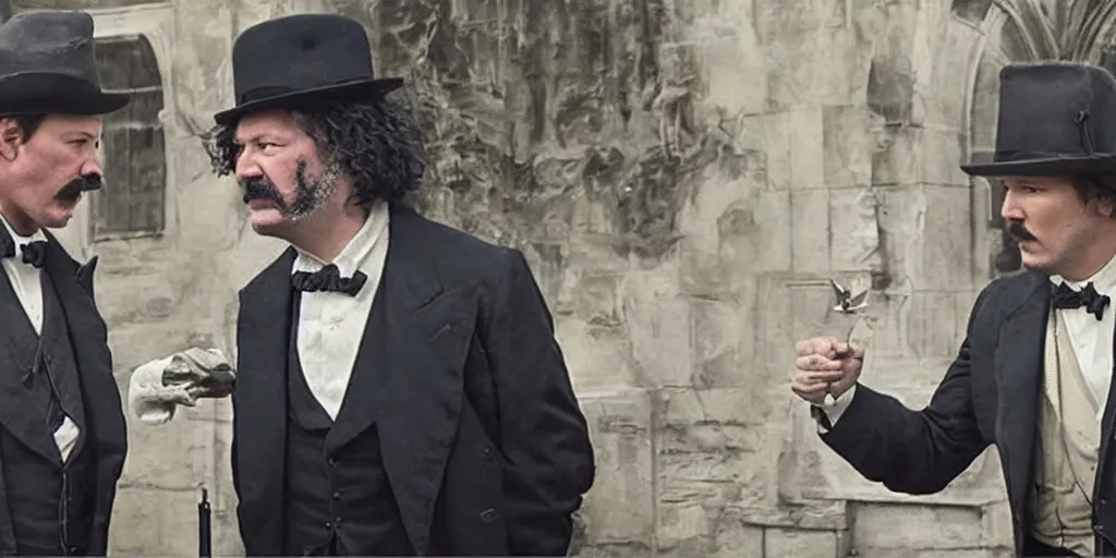 Image similar to Keanu Reeves and Tom Hardy as Mark Twain and Winston Churchill in 'T-Waain vs. C-hill: The Rap Battle of the century' (2017), movie still frame