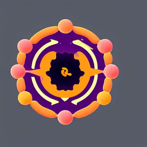 Image similar to a logo design based on electron oribals, radial symmetry, simplistic, orange and purple color scheme