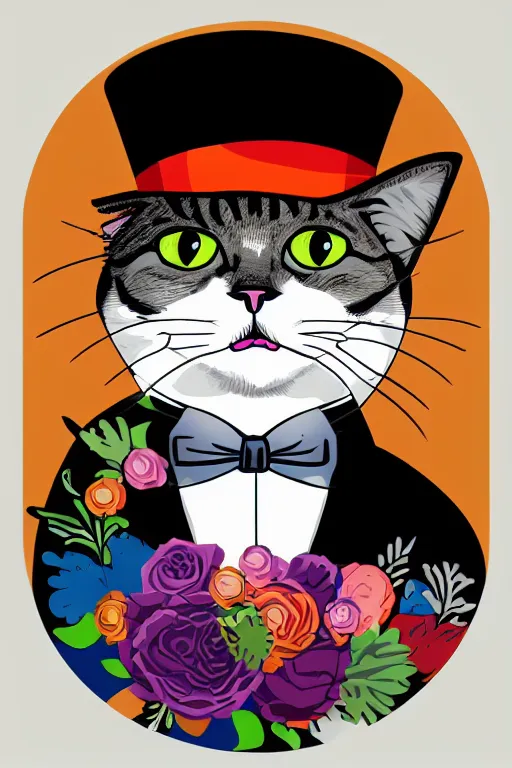 Prompt: A portrait of a cat wearing a top hat, sticker, colorful, illustration, highly detailed, smooth and clean vector curves, no jagged lines, vector art, smooth