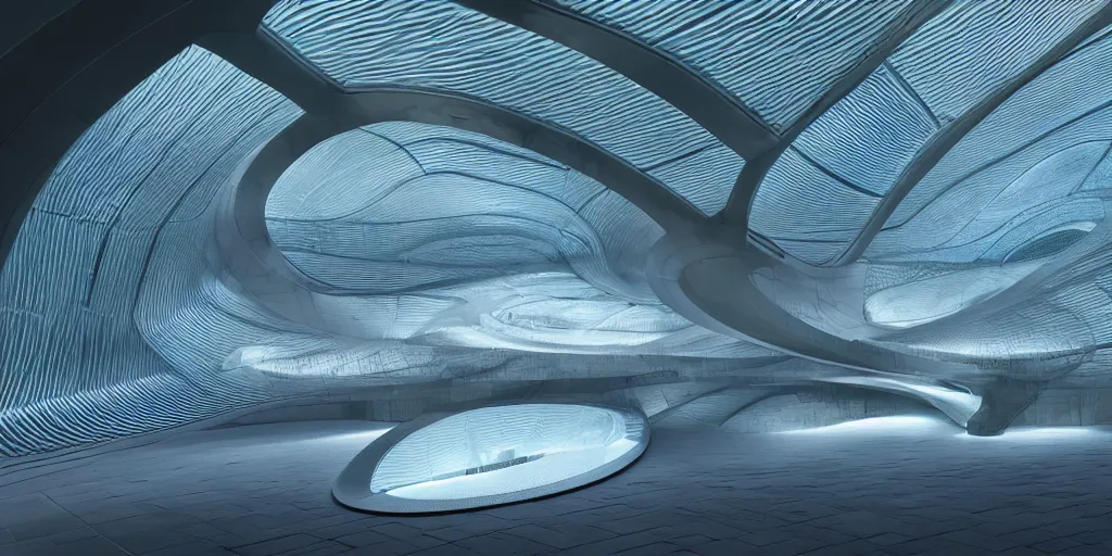 Image similar to extremely detailed stunning beautiful futuristic smooth curvilinear museum exterior, translucent gills, contrast, hyper real, high quality, 8k, 3D cinematic volumetric light, atmospheric light