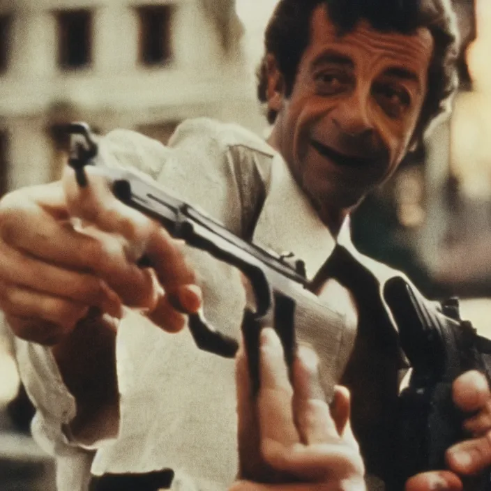 Image similar to very detailed 70s movie still of Nicolas Sarkozy with a glock, by Steve McCurry, cinestill 800t 10mm 4k, grainy picture