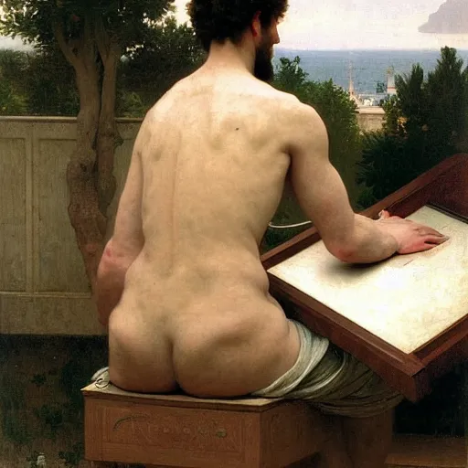 Prompt: an oil painting of an man playing a laptop, view from back, by Bouguereau, highly detailed and intricate,