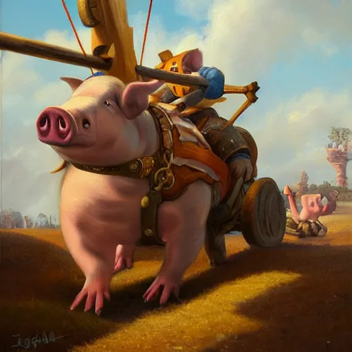 Image similar to trebuchet launching a pig, oil painting by justin gerard, deviantart