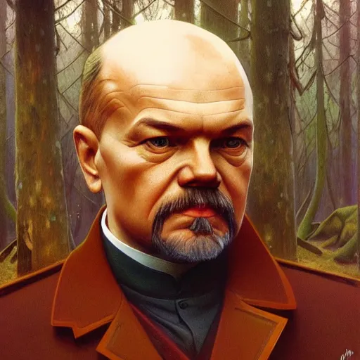 Image similar to photo of vladimir lenin is a mushroom in the forest, highly detailed, digital painting, artstation, smooth, sharp focus, illustration, art by artgerm and greg rutkowski and alphonse mucha