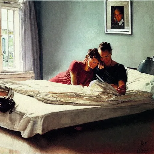 Prompt: “a man and a woman lying on a bed in an apartment in Copenhagen at night, staring at their phones, photorealistic oil painting by Norman Rockwell, trending on art station”