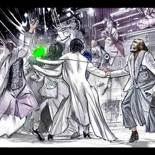 Image similar to hippie wearing robes, a fight between a boho cyberpunk hippie and a high - tech suit businessman, epic sketch art, cinematic mid shot fight, detailed