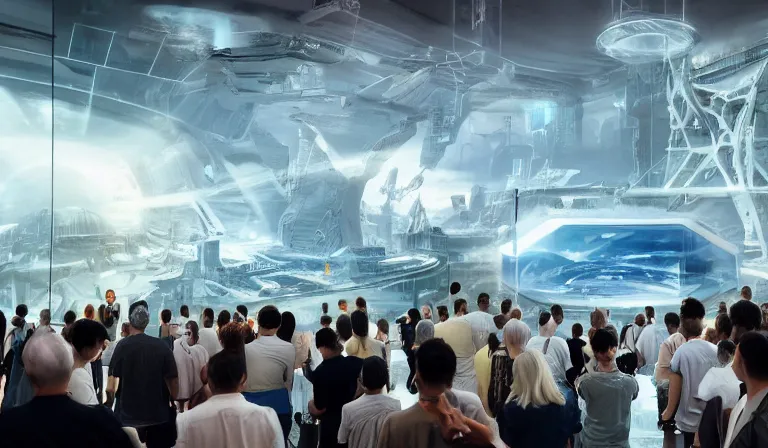 Image similar to crowd of people in simple white museum, looking at hologram of futuristic city on a table, cinematic concept art, godrays, golden hour, natural sunlight, 4 k, clear details, tabletop model buildings, center model buildings, hologram center, crane shot, crane shot, crane shot