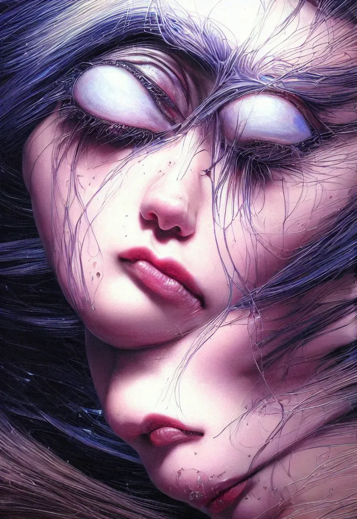 Prompt: low angle, shot from below, highly detailed and textured painting of a deformed portrait, emotionally expressive, iridescent material colour palette, masterpiece by yoshitaka amano by yukito kishiro by artgerm