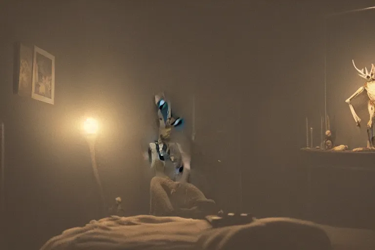 Prompt: photo of a wendigo in a bedroom, at night