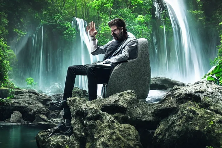 Image similar to movie closeup young man with a grey beard in a cyberpunk suit sitting on a futuristic chair at the edge of a jungle waterfall by emmanuel lubezki