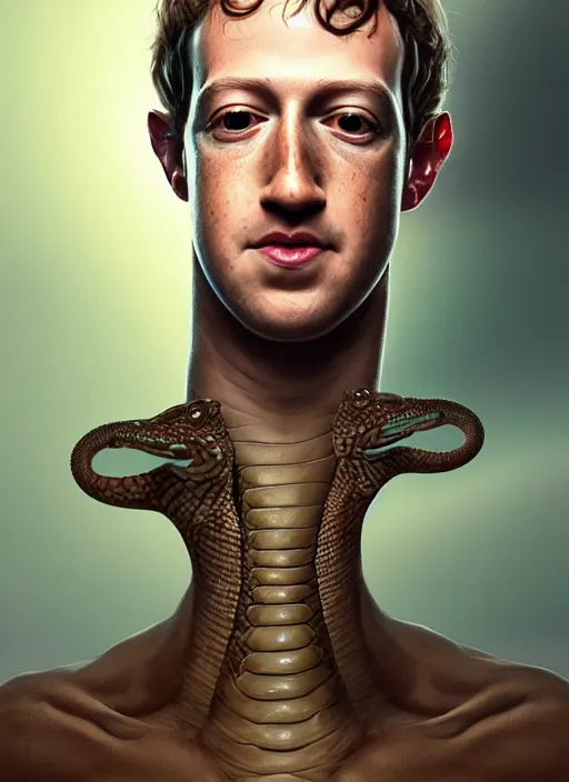 Image similar to portrait of mark zuckerberg with long long neck and lizard eyes and snake tongue, hyper detailed, digital art, trending in artstation, cinematic lighting, studio quality, smooth render, unreal engine 5 rendered, octane rendered, art style by klimt and nixeu and ian sprigger and wlop and krenz cushart.