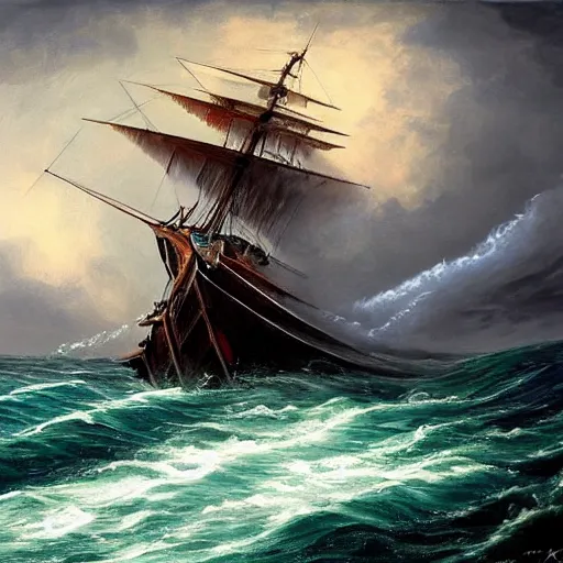 Image similar to sea storm, whirlpool!, epic painting, wooden ship, highly detailed, hd, deep colors, artstation, dark painting