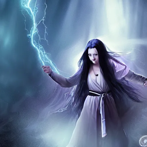 Prompt: mysterious girl child with her long black hair dressed in a chequered robe, chequered cape, carrying blue very big magical crystal, storm inside a fantasy crystal, epic scene, atmospheric, surrounded by magical light, digital art, hd, 4 k, hyper detailed