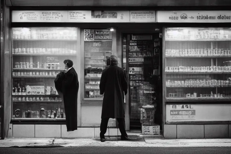 Prompt: an ultra realistic cinematic headshot portrait of an evil scientist, stood outside a corner shop, foggy, detailed, deep focus, movie still, dramatic lighting, by fay godwin