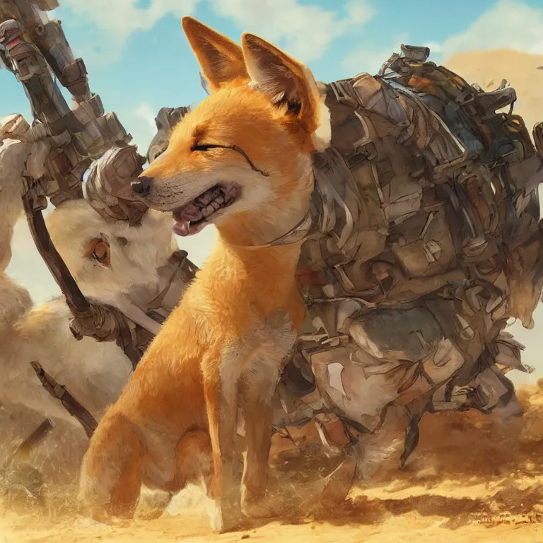 Image similar to stylized character concept art of the small cute dingo dog in the australia outback, hidari, color page, tankoban, 4 k, tone mapping, akihiko yoshida, clean bright happy adventure