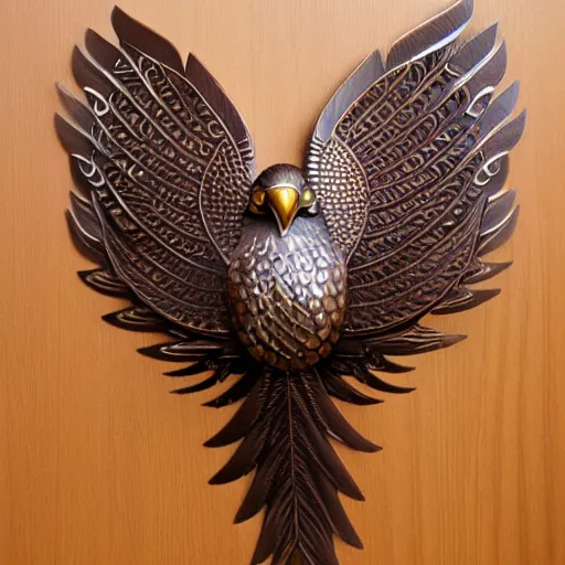 Prompt: gorgeous ornated bronze realistic detailed sacred falcon wall decoration with filigree