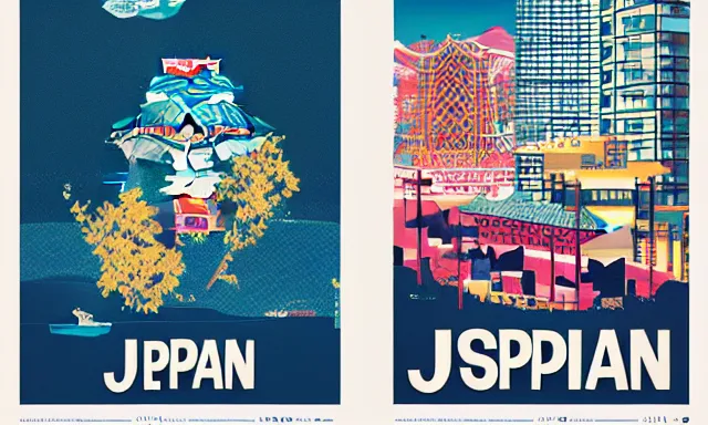 Image similar to Japan travel discoveries and sights explorations, a poster design for a contemporary graphic design exhibition, by Makoto Aida, Alex Yanes, Yoshio Awazu, octane render