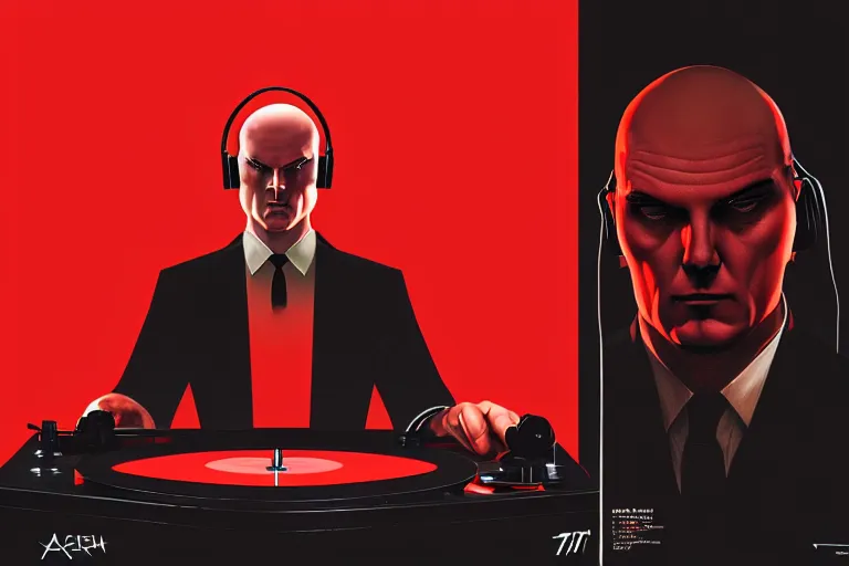 Image similar to a portrait of agent 4 7 from hitman wearing headphones and putting a vinyl record onto a turntable, dark background, red rim light, digital art, artstation, concept art by giger stalenhag