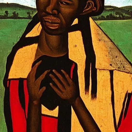 Image similar to A 15th century medieval renaissance oil painting of Skrillex african made by Jacob Lawrence