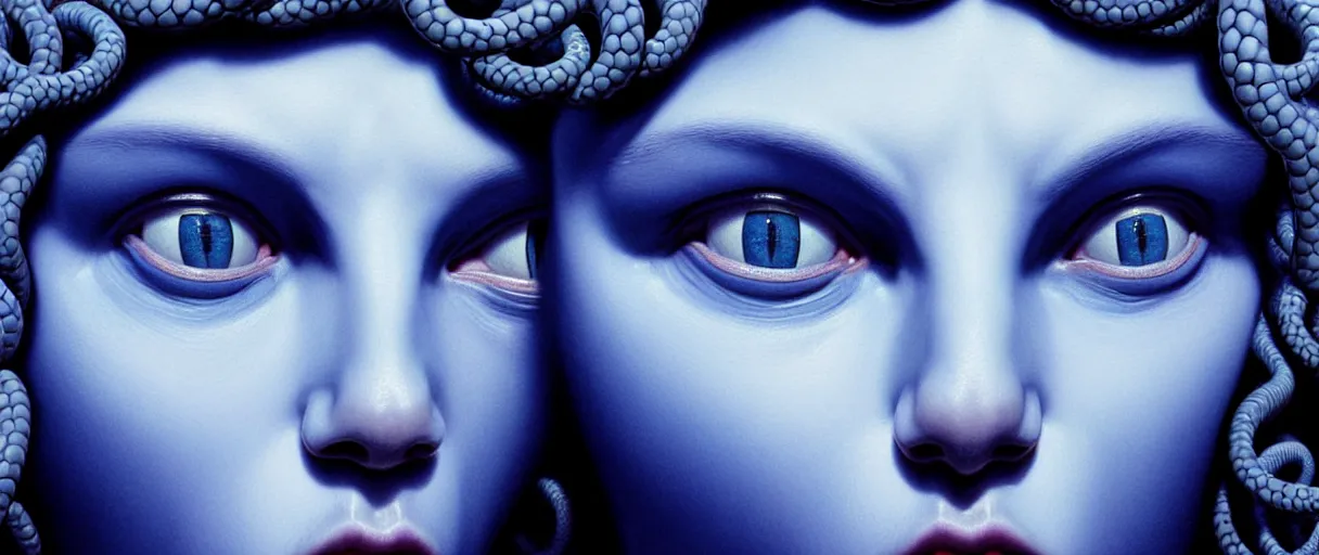 Image similar to hyperrealistic highly detailed close-up portrait of a Rubensian blue gothic medusa with round cat eyes sharp concept art wayne barlowe cinematic lighting 8k low angle shallow depth of field