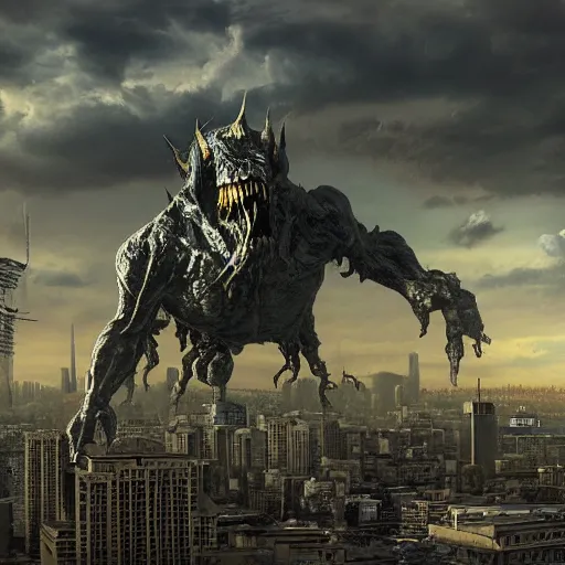 Image similar to a large, hideous monster looming over a city, scary, photorealistic