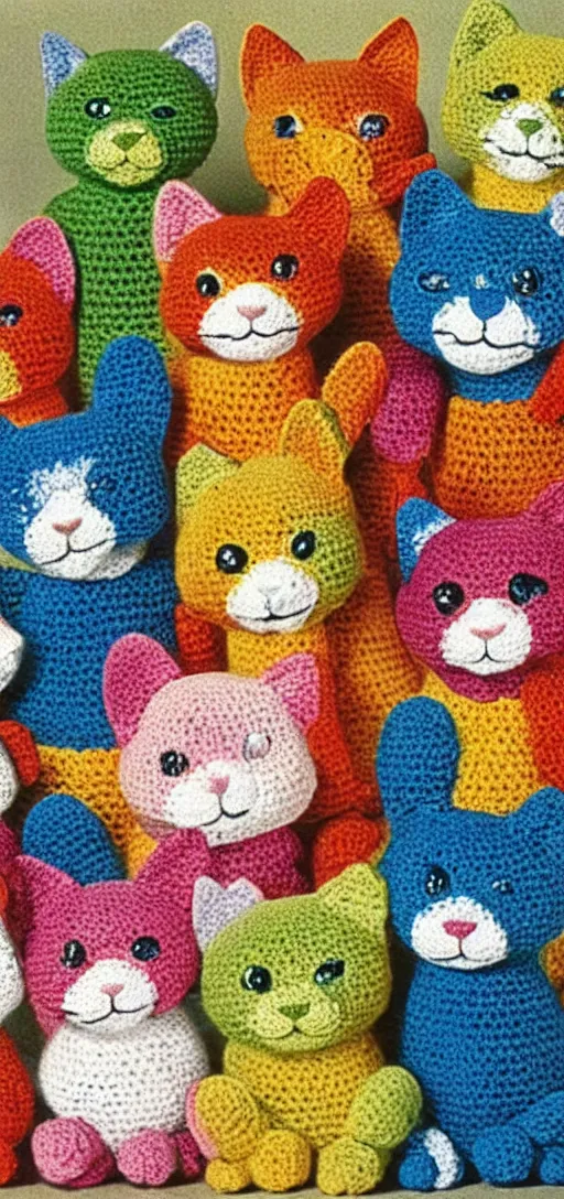 Image similar to multicolored crocheted cats, 1 9 8 0 s catalogue photo,