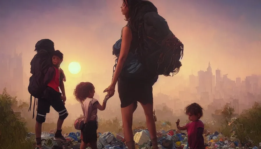 Prompt: mom with child wearingbackpack exploring the garbage dump, city is pure wasteland, sunset in background, detailed characters, alphonse mucha, greg rutkowski, trending on artstation, artgerm, breathtaking, sharp focus, smooth, mark arian, award winning, highly detailed 4 k art