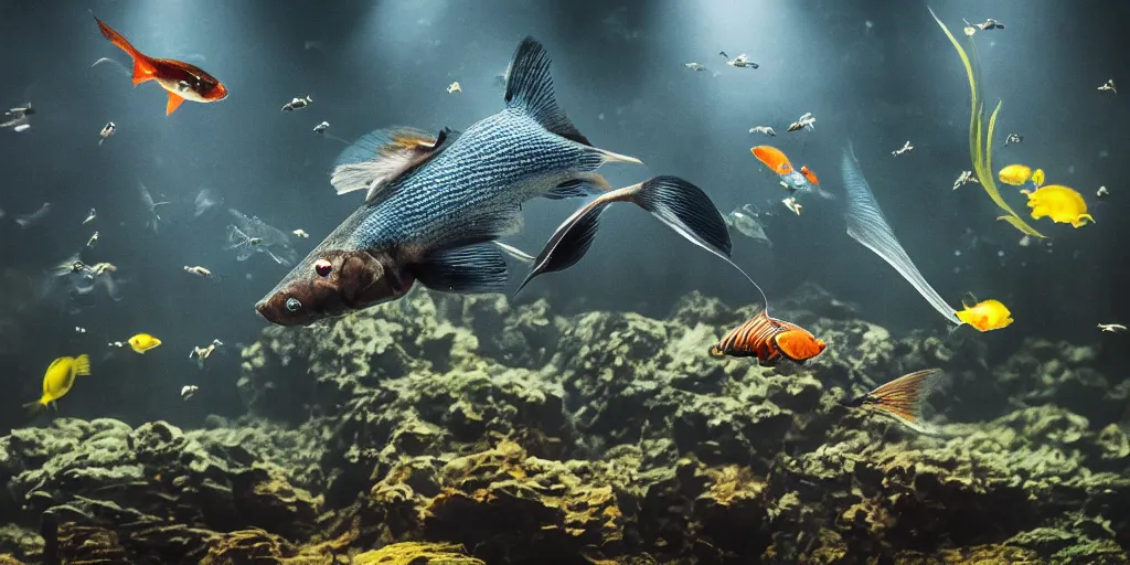 Image similar to a fish and bird war in an aquarium, low angle, light through the mist, dramatic lighting, photorealistic, cinematic lighting, high detail, cinematic feel, high octane, 4K, photography