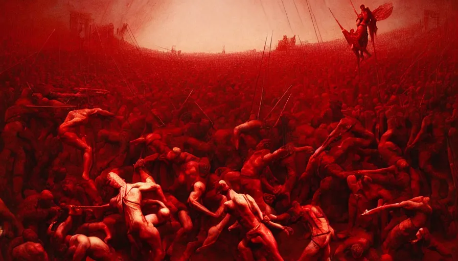 Image similar to only with red, bloody gladiator battle in a crowded roman amphitheatre, crowd cheering, in the style of beksinski and edward hopper and rodcenko and yue minjun and greg rutkowski, intricate and epic composition, red by caravaggio, highly detailed, masterpiece, red light, artstation, art nouveau