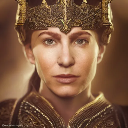 Image similar to the elder scrolls vi, charismatic regal humble brunette female jarl, portrait, throne room, atmospheric lighting, painted, intricate, volumetric lighting, beautiful, daytime, sunny weather, slight overcast, sharp focus, deep colours, ultra detailed, by leesha hannigan, ross tran, thierry doizon, kai carpenter, ignacio fernandez rios