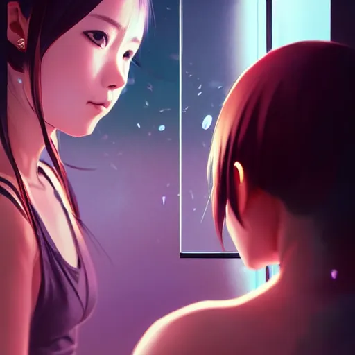 Prompt: very small little girl by ross tran, touching their reflection in the mirror sana takeda, rtx reflections, very high intricate details, digital anime art by artgerm, medium shot, mid - shot, composition by ilya kuvshinov, lighting by greg rutkowski