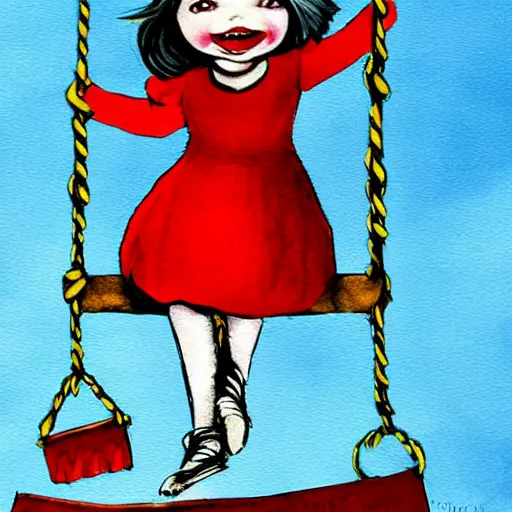 Prompt: emo fantasy painting of a little girl on a swing by dr seuss | horror themed | creepy