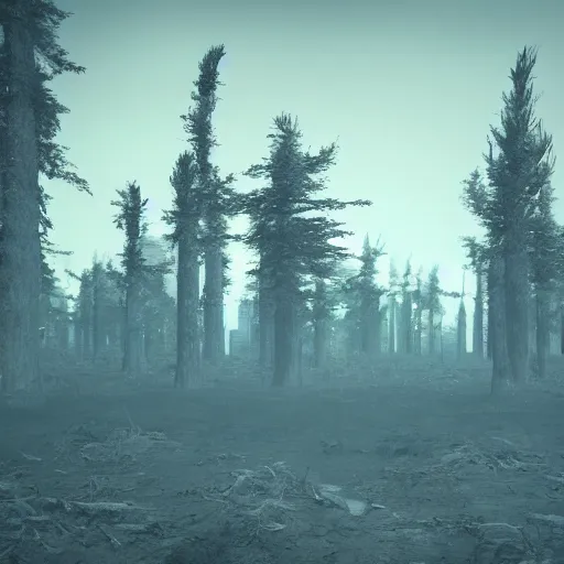 Image similar to dystopian landscape, desolate, tall grim trees. photograph, octane render
