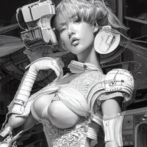 Image similar to the portrait of an absurdly beautiful, graceful, elegant, sophisticated, fashionable cyberpunk gravure idol, an ultrafine hyperdetailed illustration by kim jung gi, irakli nadar, intricate linework, bright colors, porcelain skin, unreal engine 5 highly rendered, global illumination, radiant light, detailed and intricate environment