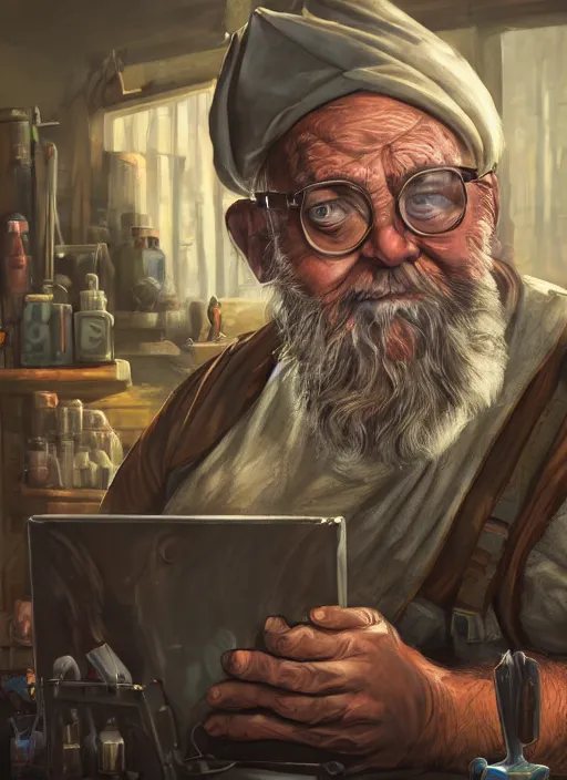 Image similar to An epic fantasy comic book style portrait painting of a an old tinker fat man working on a device in her workshop, unreal 5, DAZ, hyperrealistic, octane render, cosplay, RPG portrait, dynamic lighting