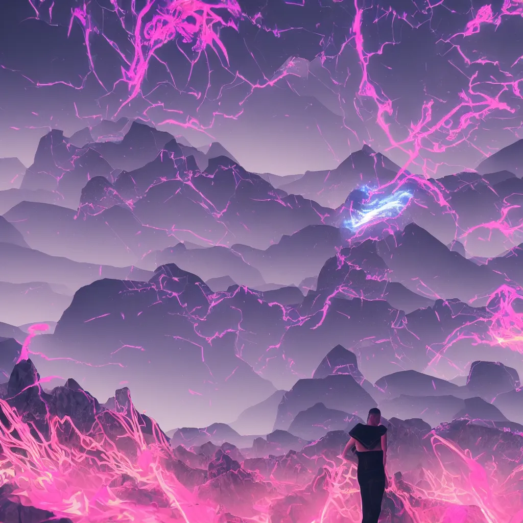 Image similar to manikin made of marble, fractal neon explosion revealing a portal to a vaporwave paracosm, mountains and city in background, rule of thirds, clean linework, dramatic, moody, introspective, cinematic, award winning, 4 k, trending on artstation, photorealistic, volumetric lighting, octane render