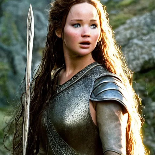 Image similar to first photos of female lotr, jennifer lawrence as aragorn, megan fox as aragorn and florence pugh as gimli, ( eos 5 ds r, iso 1 0 0, f / 8, 1 / 1 2 5, 8 4 mm, postprocessed, crisp face, facial features )