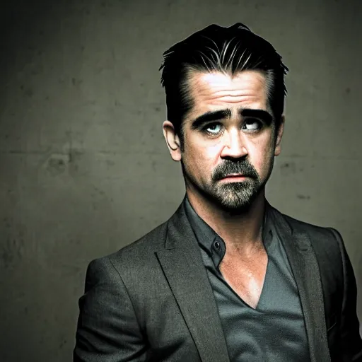 Prompt: Colin Farrell looking sad and melancholy dramatic lighting