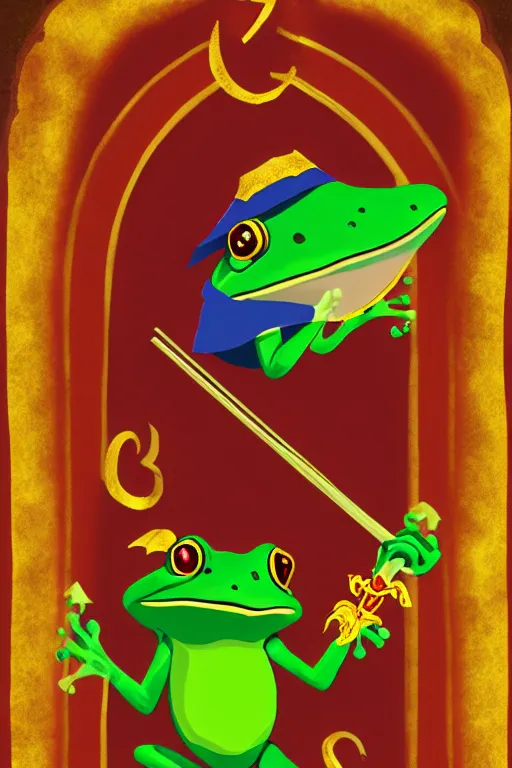 Image similar to frog mage in a gryffindor form with a magic wand, in hogwarts, high details, volume light, best composition, 4 k