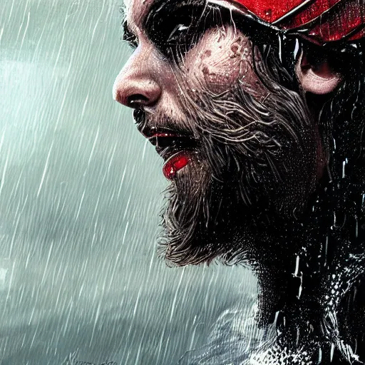 Image similar to gladiator, spiderman with beard, wet, raining, close up, rim lighting, portrait, sinister atmospheric lighting. highly detailed painting, anime style