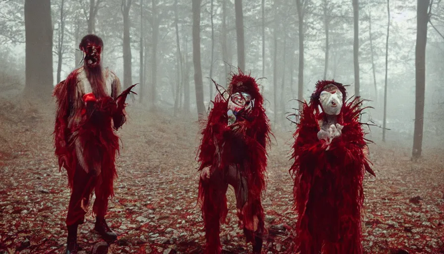 Image similar to high realistic photo portrait of esoteric tribes members with taxidermic flesh bloody jaw mask and elaborate red clothes in a foggy forest, cinestill 800t 35mm, heavy grain, high quality,