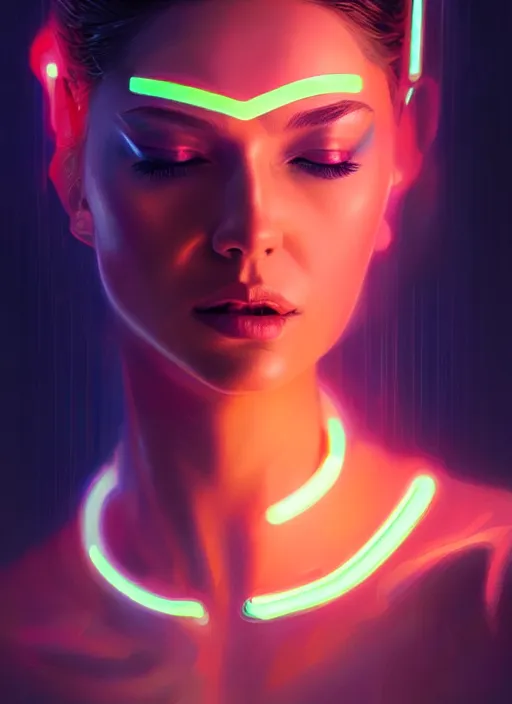 Image similar to portrait of female humanoid from 6 0 s era, intricate, elegant, cyber neon lights, highly detailed, digital painting, artstation, glamor pose, concept art, smooth, sharp focus, illustration, art by artgerm and greg rutkowski