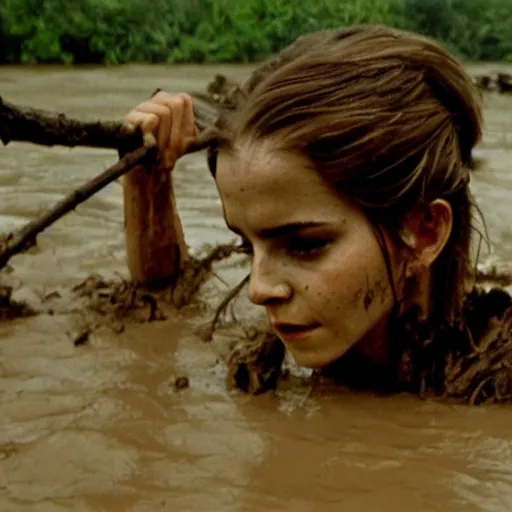 Image similar to emma watson rising out of muddy vietnam river, face covered in mud, low camera angle at water level, night time, film still from apocalypse now ( 1 9 7 9 ), 2 6 mm,