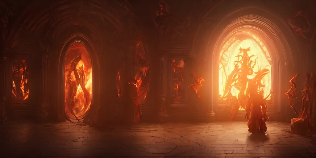 Image similar to ultra realistic, artstation, concept art, natural lighting, by artgerm and greg rutkowski and alphonse mucha and wlop, demons, fire, hell interior with surrounded archways. rendered in octane render with photorealistic lighting, 8 k, hd