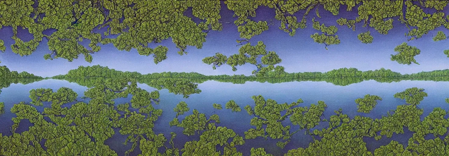 Image similar to escher painting of a lake, big trees reflecting on lake surface, ultra sharp, ultra detailed, colorized by salvador