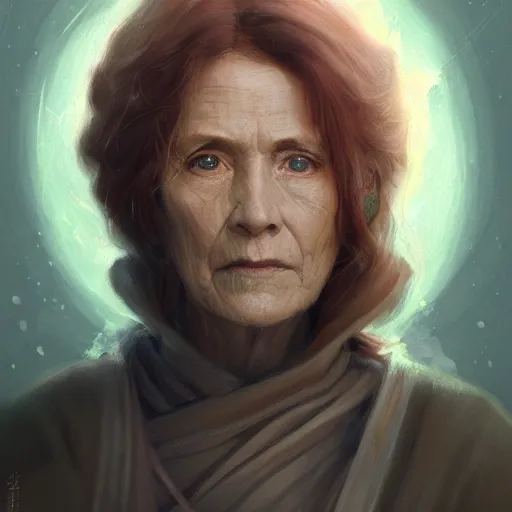 Image similar to portrait of a woman by greg rutkowski, grand jedi master jade skywalker, copper wavy hair, star wars expanded universe, she is about 7 0 years old, wearing jedi robes, wise and serene, highly detailed portrait, digital painting, artstation, concept art, smooth, sharp foccus ilustration, artstation hq